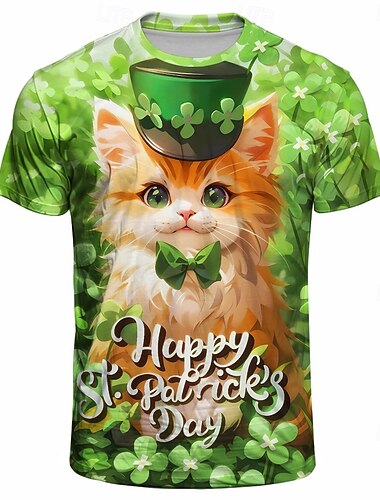  Dia de São Patrício Gato Trevo irlandês Japonesa/Curta 3D Trevo da Sorte Arte Gráfica Para Casal Homens Mulheres Adulto dia de São Patrick Impressão 3D Festa Casual / Diário