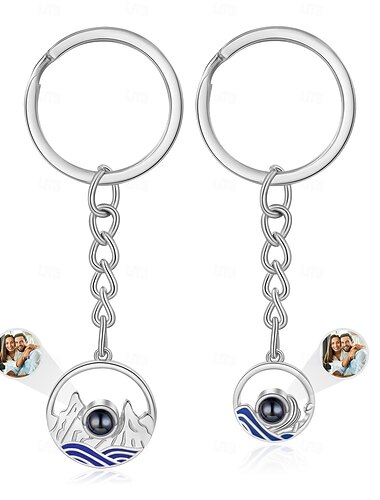  2 Stück Set personalisierte Projektions-Schlüsselanhänger individuelles Hochzeitsgeschenk für Paare Foto-Schlüsselanhänger-Geschenke für Paare langlebiger Edelstahl mit silbernem Anhänger