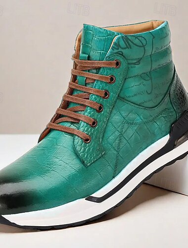  Herren-Sneaker-Boots aus braunem Leder mit Krokoprägung und Schriftzug – lässiger High-Top-Schuh aus hochwertigem Rindsleder mit sportlicher Sohle