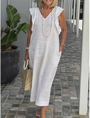  Femmes Robe maxi Robes inspirées du lin Robe Décontractée Robe débardeur Élégant Basique Occasionnel Vacances Quotidien Coupe régulière Uni Sans manches Col en V Blanche bleu marine Abricot Ét