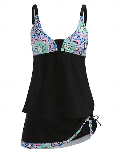  Damen Bademode Schwimmkleider 2-teiliges freches Tankini-Badekleid Rückenfrei Hohe Taille Urlaub Strandmode Blumenmotiv Tiefer Ausschnitt Ärmellose Badeanzüge