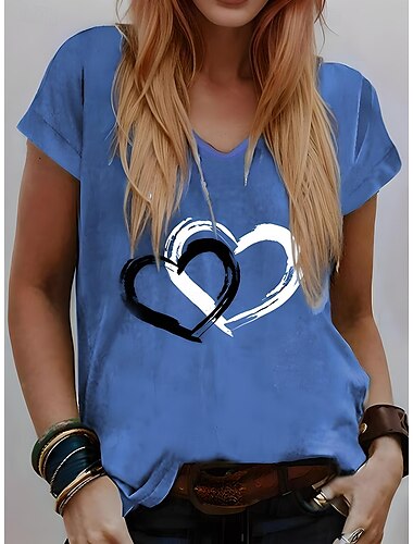  Valentijn Vrouwen Hart T-shirt Basis Reguliere Tops Korte Mouwen V-hals Print Reguliere Pasvorm Valentijn Weekend Rood Blauw Paars Groen Grijs