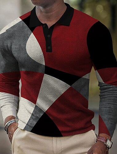  Herren Waffel-Poloshirts Golfshirt Langarm Polo-Shirts Hemden mit Kragen Lässig Business-Casual Alltagskleidung Athleisure Knöpfe 3D-Druck Frühling Herbst Winter Schwarz Rote Blau