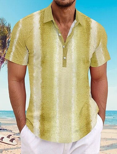  Men's Geometic Summer Hawaiian Shirt Button Up Shirt Aloha Shirt Short Sleeve Hawaiian Beach Vacation Summer Spring V Neck Buttons Yellow Blue Brown Gray