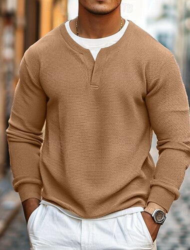  Herren Waffel T-Shirt Pullover Sweatshirt T-Shirt Langarmshirt Langarm Rundhalsausschnitt V Ausschnitt Frühling & Herbst Einfach Mode Designer Basic Mode Falscher Zweiteiler Urlaub Straße Ausgehen