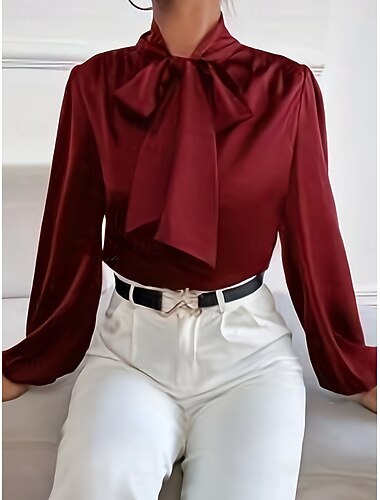  בגדי ריקוד נשים חולצה אלגנטי מִתגַנדֵר סאטן צבע אחיד עסקים מודרני יום יומי שרוול ארוך צווארון חולצה חולצות רגילות עבודה לבוש רשמי פפיון יין כחול נייבי קיץ אביב