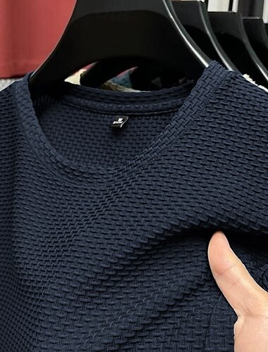  Men's Waffle Tee Cool Shirt Tee Top Short Sleeve Crew Neck Summer Striped Vintage Fashion Crewneck Work Office / Career Casual Black White Navy Blue Top Tee for Men