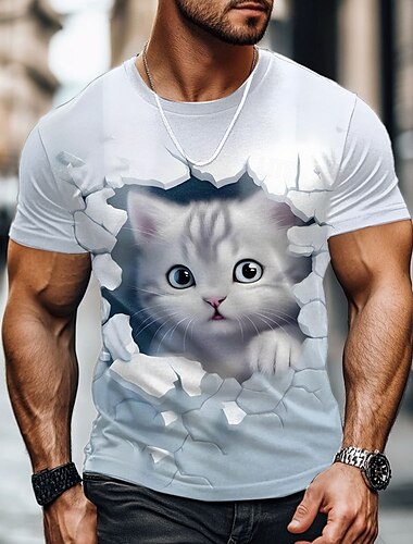  Homme Chat Marrant T shirt Manche Courte T-shirt 3D effet Col Ras du Cou Chemise Exagéré Design Soirée Vacances Bleu Ciel Blanche Kaki Eté Printemps Vêtement Tenue S M L XL XXL XXXL