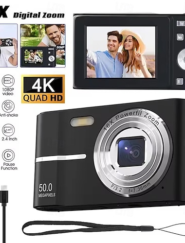  Appareil photo numérique 4K 50MP 16x zoom numérique caméra écran IPS 2,4 pouces détection de visage caméra flash détection de mouvement caméra minuterie