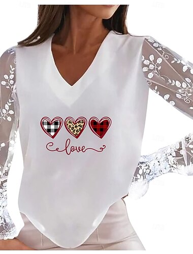  kvinders valentine hjerte t-shirt blonder splejsning top elegant mode sødt hjerte grafisk almindelige toppe langærmet lanterne ærme v-hals blonde patchwork regular fit fest valentinsdag gå ud hvid