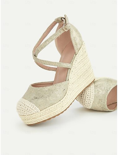  Goldene Espadrille-Keilsandalen für Damen mit Häkelspitze und Knöchelriemen-Design, elegante Sommerschuhe für Partys, Hochzeiten und Freizeitkleidung