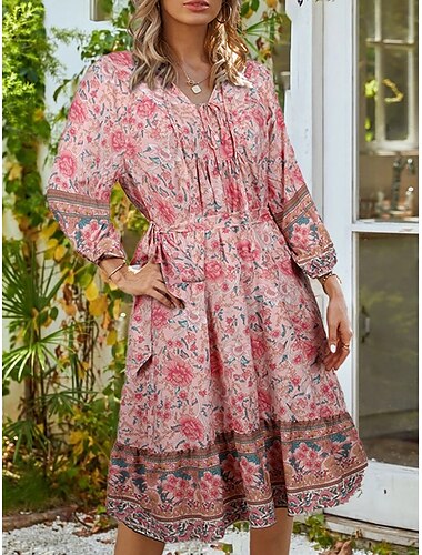  Per donna Mini abito Abito casual Vestito svasato Abito linea A Abito boho Informale Giornaliero Standard Floreale Manica lunga Colletto Giallo Rosa Blu Estate Primavera Autunno