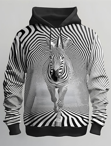  Herren Tiermotiv Optische Täuschung Kapuzenshirts Pullover Ethnisch Cowboy Langarm Rundhalsausschnitt Ferien Streetwear Schwarz Weiß Kordelzug Herbst Winter Designer S M L XL XXL XXXL