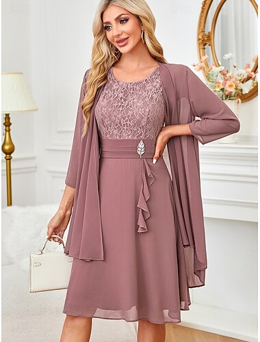  Damen Kleid-Set Kleid für Hochzeitsgäste Weißes Spitzenkleid mit Ärmeln Spitze Rüsche 3/4 Ärmel kleid hochzeitsgast Cocktailparty Graues Rosa