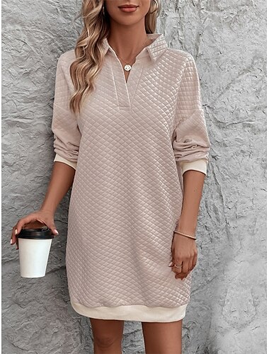  Damen strickkleid Minikleid Patchwork Brautkleider schlicht Hemdkragen Langarm Aprikose Farbe