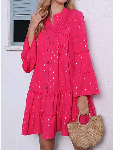  Damen Minikleid Casual kleid A Linie Kleid Kuschelig Stilvoll Brautkleider schlicht Ausgestellter Ärmel Urlaub Party Täglich Lockere Passform Langarm V Ausschnitt Magenta Schwarz Blau Sommer Frühling