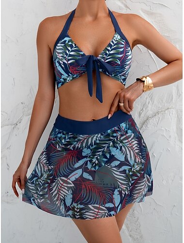  Femme Maillots de Bain Bikinis Trois pièces Jupe Maillot de bain Dos Nu Mince Vacances Tenues de plage Feuilles Dos nu Sans Manches Maillots de bain