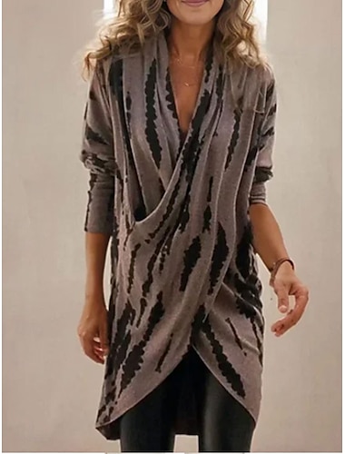  Femme Chemisier Rayé Elégant dames Décontractées manche longue Col V Hauts longs Vacances Soirée Sortie Marron Printemps Automne