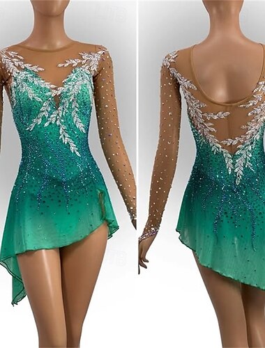  Eiskunstlaufkleid Damen Mädchen Eislaufen Kleid Grün Offener Rücken Asymmetrischer Saum Netzstoff Hohe Elastizität Training Wettbewerb Eiskunstlaufkleidung Klassisch Kristall / Strass Langarm