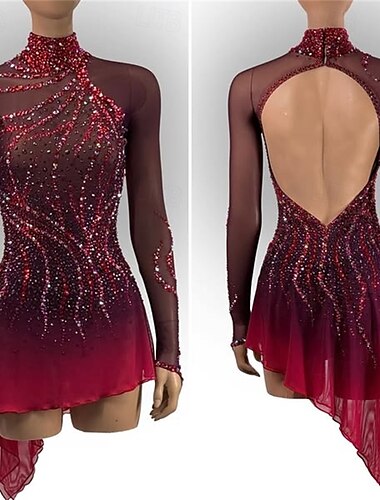  Robe de patinage artistique Femmes Fille Patinage Robe Noir Rouge Dos Nu Ourlet asymétrique Maille Haute Élasticité Entraînement Compétition Tenue de Patinage Classique cristal pailleté manche longue
