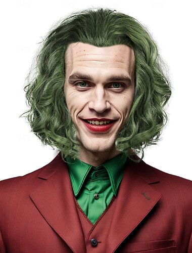  コスプレウィッグ グリーン ウェーブ 合成 ショート ウィッグ 男性用 ウィッグ パーティー用