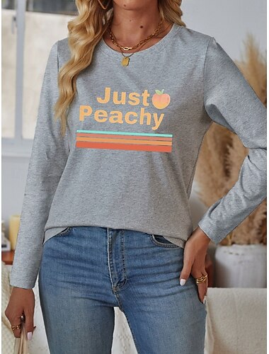  Damen T Shirt Buchstabe Brautkleider schlicht Langarm Rundhalsausschnitt Normale Oberteile Täglich Wochenende Bedruckt Wein Blau Grau Herbst Winter