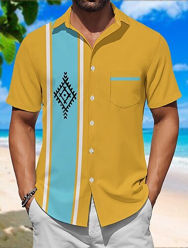  Herren Farbblock Ethnisch Bowlinghemd Knopfhemd Kurze Ärmel Künstlerisch Lässig Bequem Outdoor Urlaub Straße Frühling & Sommer Hemdkragen Drucken Gelb