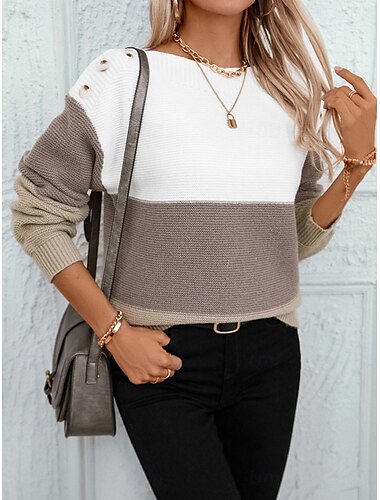 Damen Pullover Brautkleider schlicht Weich Gestreift Gerippt Rundhalsausschnitt Knopf Strick Langarm Normale Oberteile Stricken Outdoor Täglich Wochenende Purpur Braun Herbst Winter