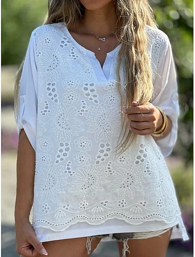  Dame Linned-inspirerede skjorter Øjetop Hvid bomuldsbluse Dressy Toppe Elegant Stilfuld Moderne Langærmet V-hals Almindelige toppe Arbejde Daglig Ferie Patchwork Udhulet Hvid Sommer Forår Efterår
