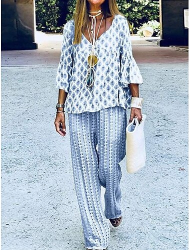  Damen Urlaub Modisch T Shirt Hose Hosen Langarm Rundhalsausschnitt Graphic Patchwork Outdoor Gelb Blau Purpur Frühling & Herbst Regular Fit