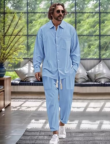  Hombre 2 Piezas Conjunto de camisa Conjuntos a juego Camisa casual Abotonar la camisa Negro Blanco Azul Marino Oscuro Azul Piscina Color Caquí Manga Larga Plano Cuello Vacaciones Diario Ropa Moda