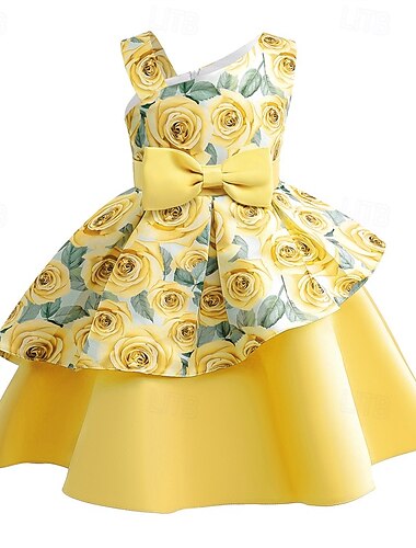  Infantil Para Meninas Vestido de festa Floral Sem Manga Espetáculo Aniversário Nó de gravata Lindo Doce Poliéster Altura dos Joelhos Vestido de festa Vestido Swing Vestido A Line Verão 4 anos +