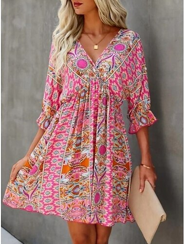  Per donna Mini abito Abito casual Vestito svasato Abito linea A Abito boho Boemia Vintage Informale Giornaliero Standard Floreale Mezza manica A V Rosa Blu Cachi Estate Primavera Autunno