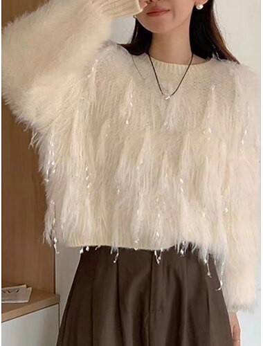  damski różowy sweter walentynkowy casualowy miękki czysty kolor prążkowany okrągły dekolt frędzle dzianinowy długi rękaw crop top dzianinowy outdoor codzienny weekend biały różowy jesień zima