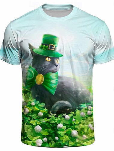  Pyhän Patrickin päivä Kissa Shamrock irlantilainen T-paita 3D Onnekas apila Kuvitettu Käyttötarkoitus Pariskuntien Miesten Naisten Aikuisten Pyhän Patrickin päivä 3D-tulostus Juhla Rento / arki