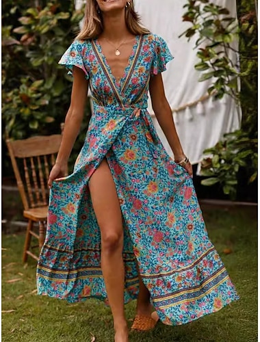  Femme Robe Maxi Robe casual Robe Trapèze robe boheme Bohême Rétro Vintage Décontractées Vacances du quotidien Standard Floral Manche Courte Col V Noir Rouge Bleu Printemps Automne