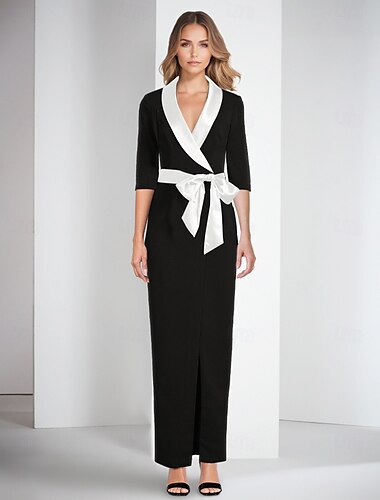  Blazer Kleid Sheath  Column Cocktailkleider Smoking Kleid Formal Knöchellang Halblangarm Hemdkragen Mutter der Braut Kleid Stretch Crepe mit Schlitz Stickerei Applikationen Kleider