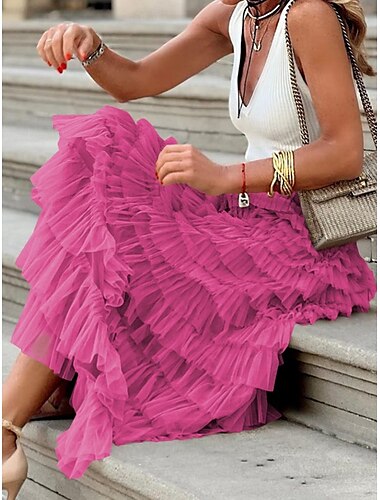  Women's Skirt A Line Maxi Skirts Ruffle Layered Solid Colored Street Daily Winter Fashion Casual White Fuchsia