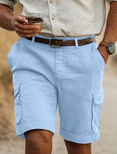  Hombre Pantalón Corto Cargo Pantalones cortos de lino Pantalones cortos de verano Botones Multi bolsillo Pierna recta Plano Comodidad Transpirable Corto Exterior Casual Diario Moda Retro Antiguo Azul