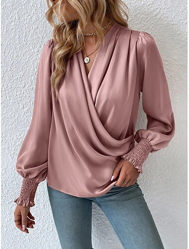  Damen Hemd Bluse Feste Farbe Geschäftlich Modern Brautkleider schlicht Langarm V Ausschnitt Normale Oberteile Arbeit Abendgarderobe Rüschen Schwarz Rosa Sommer Frühling