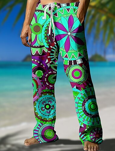  Herren Blumen Geometrische Muster Hose Hosen Freizeithose Mittlere Taillenlinie Elastischer Kordelzug in der Taille Hawaiianisch Outdoor Urlaub Festtage Hose mit geradem Bein Sommer Frühling Herbst