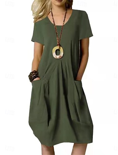  Mujer Mini vestido Vestidos de lino y algodón Vestido informal Elegante Básico Casual Vacaciones Diario Ajuste regular Plano Manga Corta Escote en Pico Negro Caqui Verde Ejército Verano Primavera