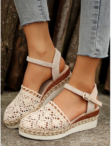  dames gehaakte espadrillesandalen met enkelbandje, boho-stijl lichtgewicht zomerschoenen voor casual en strandkleding