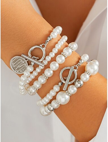  Damen-Armbandset aus Kunstperlen mit goldenen Akzenten, mehrschichtiges elegantes Design, Modeschmuck für Hochzeiten, Partys und formelle Anlässe