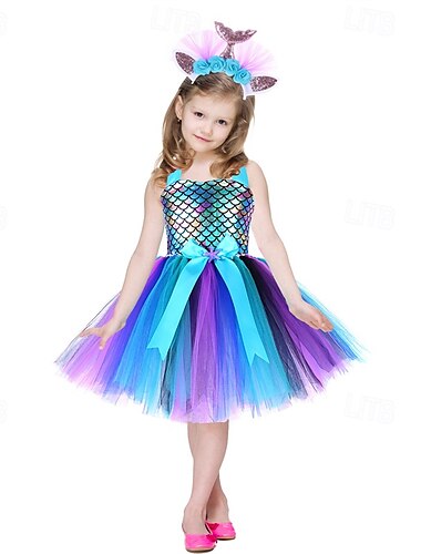 kinderkleidung Mädchen Cosplay-Kleid Party Kleid Regenbogen Meerjungfrau Ärmellos Leistung Geburtstag Gitter Schön Süß Polyester Knielang abendkleider A Linie Kleid Tüll-Kleid Sommer 4 Jahre + Rosa