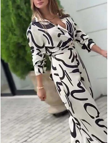  Dames Modieus Streetwear Dagelijks Overhemd Blouse Broek met wijde pijpen Lange mouw Overhemdkraag Grafisch Afdrukken Casual Dagelijks Wit Lente & Herfst Normale pasvorm