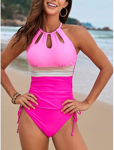  Damen Badeanzug Ein Stück Monokini Bademode Rückenfrei Bauchkontrolle Hohe Taillenlinie Schlank Urlaub Strandbekleidung Gestreift Halfterhals Ärmellos Badeanzüge