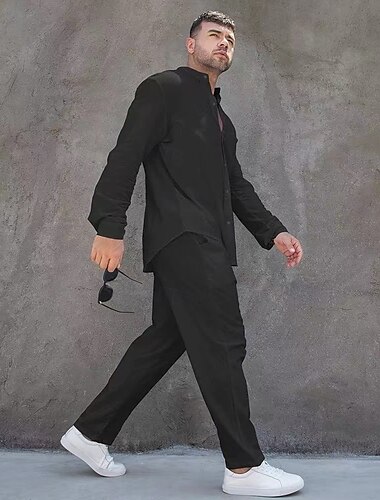  Hombre camisa de lino 2 Piezas Conjunto de camisa Camisa de verano Conjuntos a juego Camisa de playa Plano Vacaciones Casual Negro Blanco Azul Piscina Caqui Manga Larga Cuello alto Primavera verano