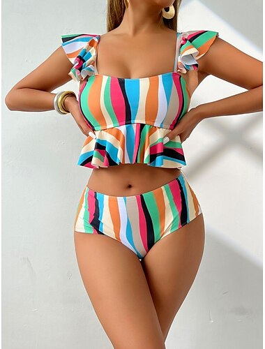  Damen Badeanzug Bikinis 2 Stück Unterhosen Bademode Rüsche Rückenfrei Hohe Taillenlinie Schlank Urlaub Strandbekleidung Streifen V Ausschnitt Ärmellos Badeanzüge