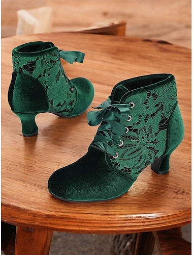  bottines en velours vert victorien d'inspiration vintage pour femmes avec empiècements en dentelle | confortables et élégantes pour le cosplay et les occasions spéciales